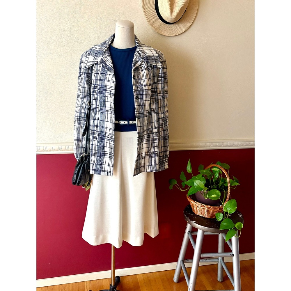 Vintage Bleeker Street‎ 70s Dress Belt Jacket Set Navy Blue White Plaid Mod 3pc